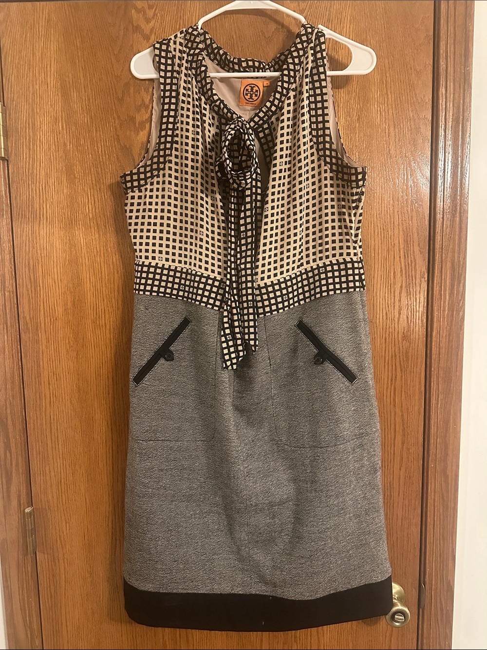 Tory Burch Black, Cream & Gray Tie-Neck Sheath Dress